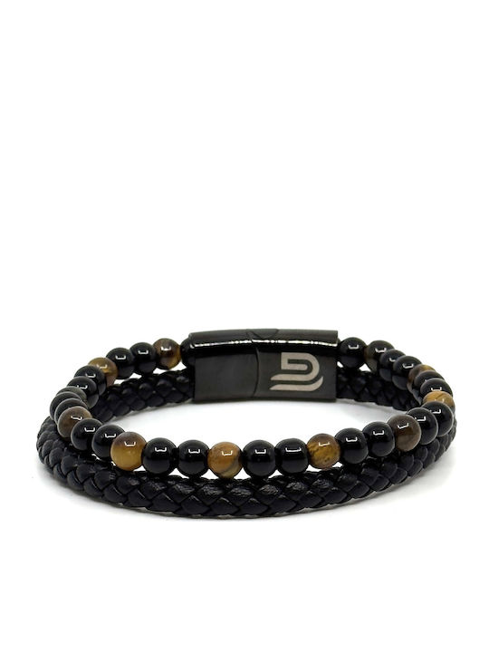 Tiger Eye Δερμάτινο Βραχιόλι Ανοξείδωτο Ατσάλι Ηφαιστειακές Πέτρες