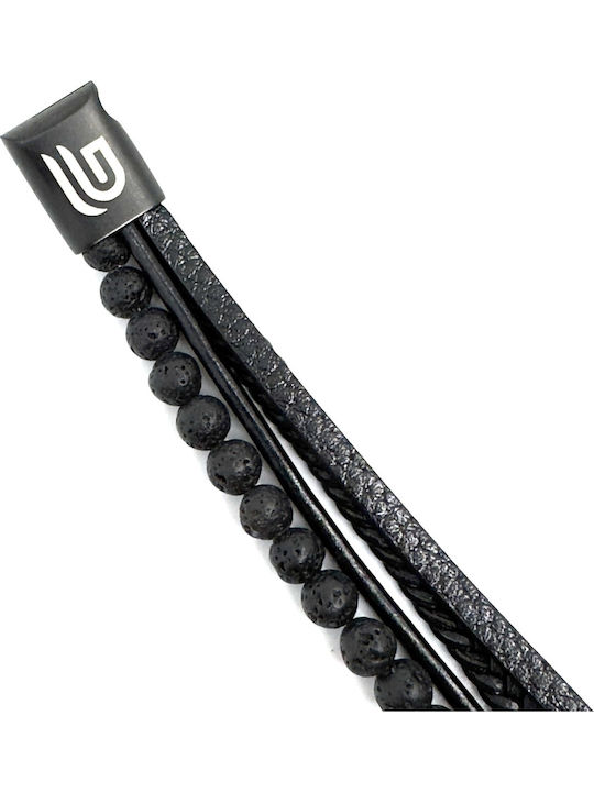 Leather Bracelet 21 Cm Stainless Steel Black Volcanic Stones