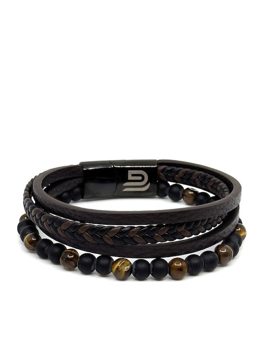 Brown Leather Bracelet Stainless Steel Volcanic Stones