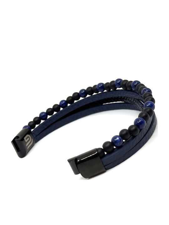 Blue Leather Bracelet Stainless Steel Volcanic Stones