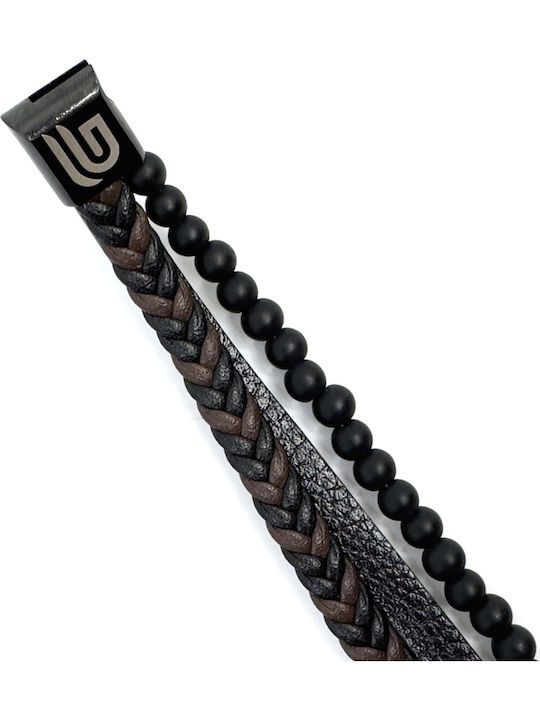Leather Bracelet Stainless Steel Black Natural Stones