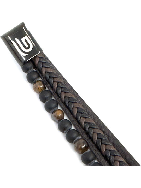 Brown Leather Bracelet Stainless Steel Volcanic Stones