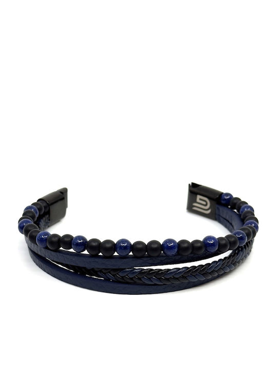 Blue Leather Bracelet Stainless Steel Volcanic Stones