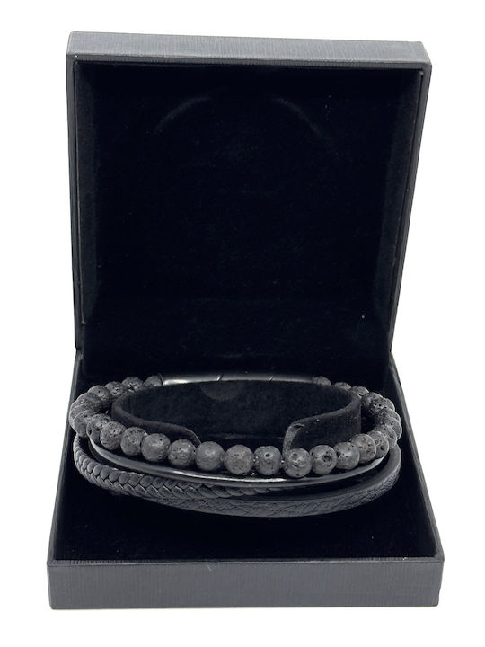 Leather Bracelet 21 Cm Stainless Steel Black Volcanic Stones
