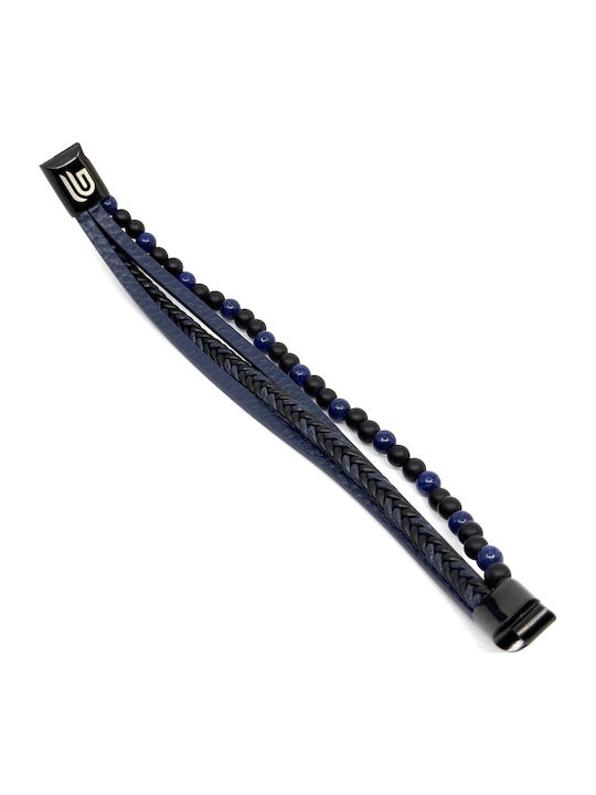 Blue Leather Bracelet Stainless Steel Volcanic Stones