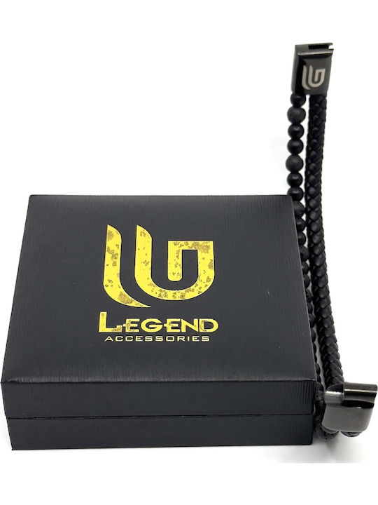 Lederarmband Edelstahl Schwarz Häftige Vulkansteine