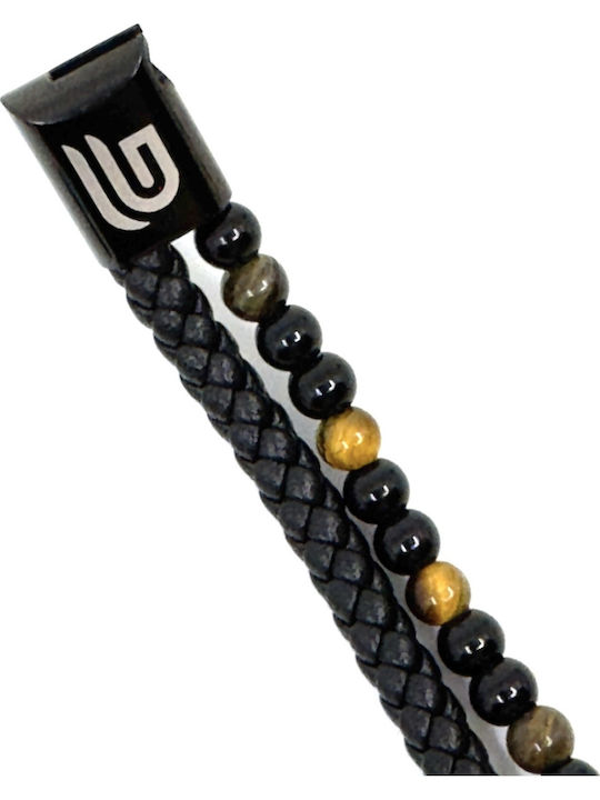 Tiger Eye Δερμάτινο Βραχιόλι Ανοξείδωτο Ατσάλι Ηφαιστειακές Πέτρες
