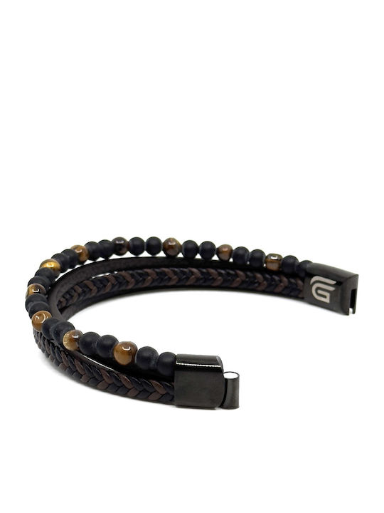 Brown Leather Bracelet Stainless Steel Volcanic Stones