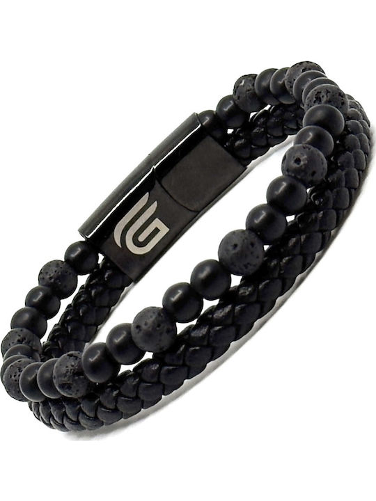 Lederarmband Edelstahl Schwarz Häftige Vulkansteine