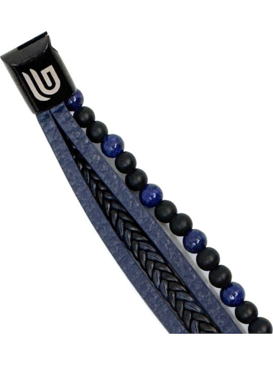 Blue Leather Bracelet Stainless Steel Volcanic Stones