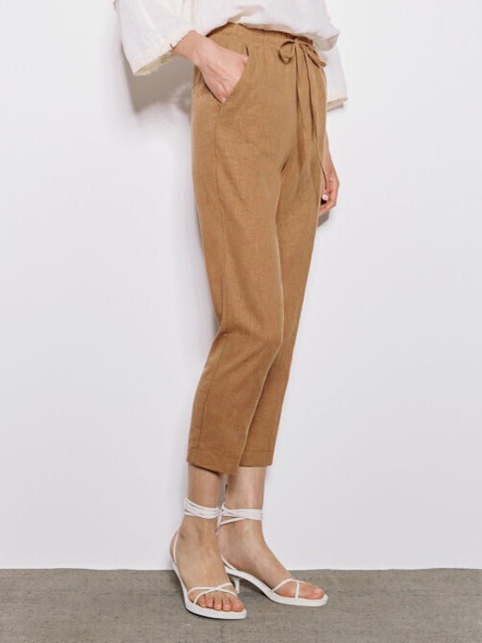 Damen Stoff Capri Hose mit Gummizug Choco