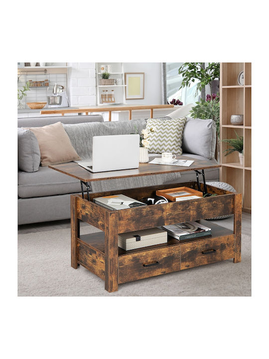 Rectangular Central Wooden Coffee Table with Lifting Mechanism and Brown Drawers W100xD50xH48cm