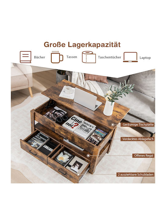 Rectangular Central Wooden Coffee Table with Lifting Mechanism and Brown Drawers W100xD50xH48cm