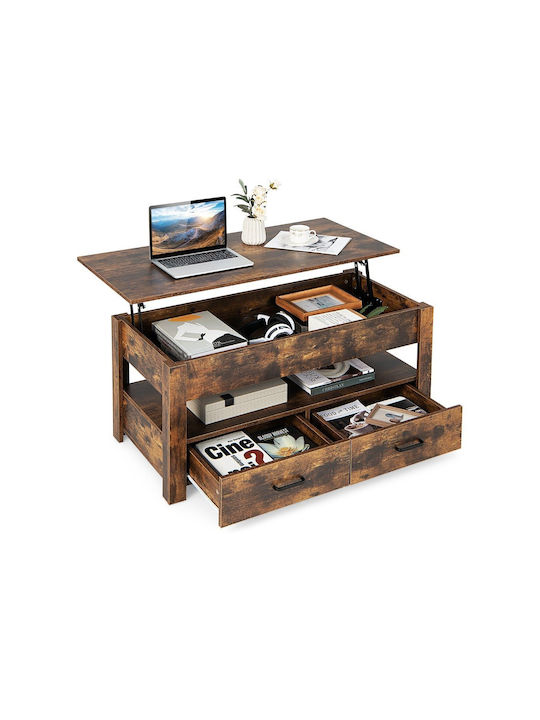 Rectangular Central Wooden Coffee Table with Lifting Mechanism and Brown Drawers W100xD50xH48cm