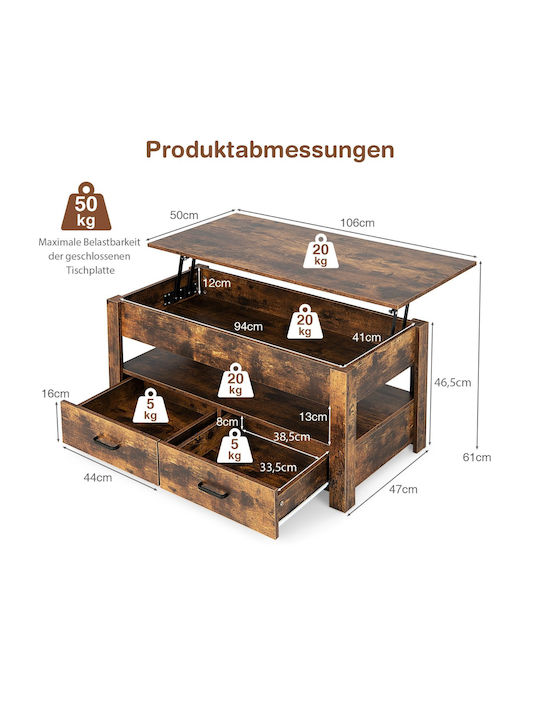 Rectangular Central Wooden Coffee Table with Lifting Mechanism and Brown Drawers W100xD50xH48cm