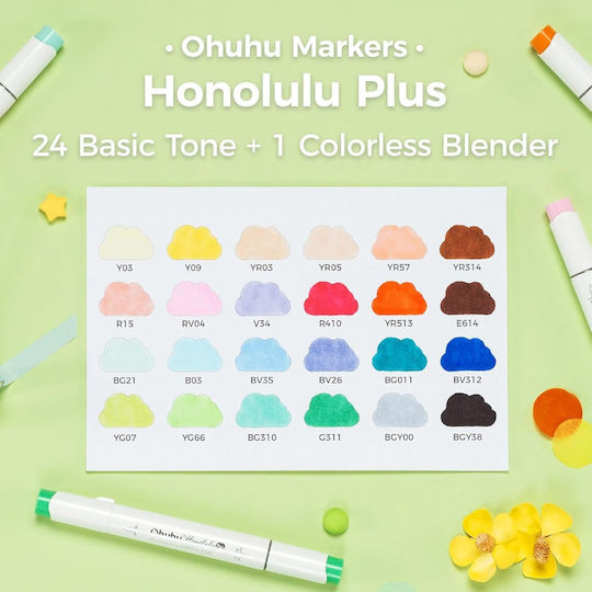 Ohuhu Honolulu Plus Culori De Bază Markere De Desen Cu Alcool Pensulă & Daltă Supreme Set 24 Culori