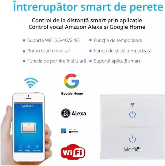 Χωνευτός Διακόπτης Τοίχου Αφής Wi-Fi Διπλός με Πλαίσιο Λευκός