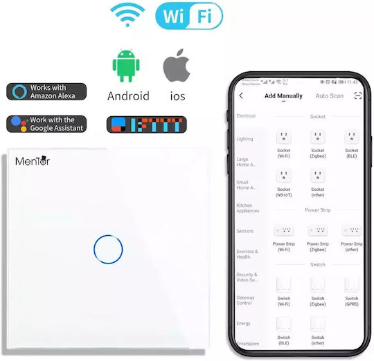 Διακόπτης Τοίχου Αφής Wi-Fi με Πλαίσιο Λευκός