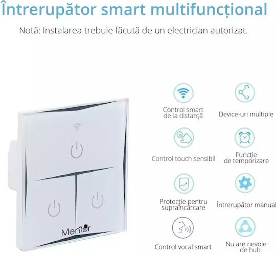 Comutator De Perete Electric Încastrat Tactil Wi-Fi Triplu Cu Ramă Mediu Alb
