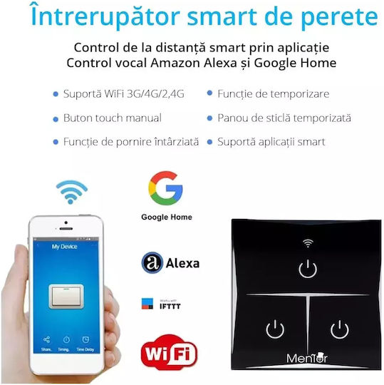 Comutator De Perete Electric Încastrat Tactil Wi-Fi Triplu Cu Ramă Comutator De Perete Electric Negru