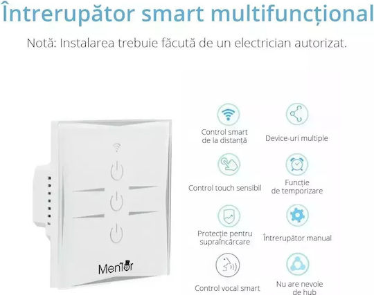 Comutator De Perete Electric Încastrat Tactil Wi-Fi Triplu Cu Ramă Mediu Alb