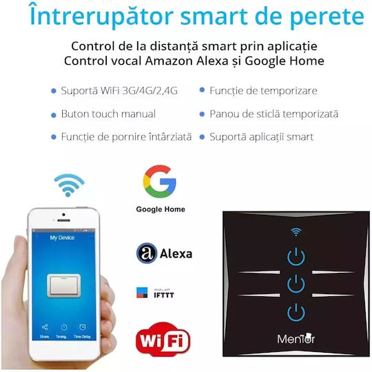 Comutator De Perete Electric Încastrat Tactil Wi-Fi Triplu Cu Ramă Neagră