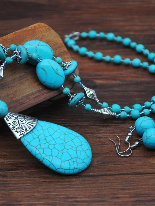 Jewelry Set Necklace Rosary Vintage Boho Turquoise Stone Drop Shape Earrings S22