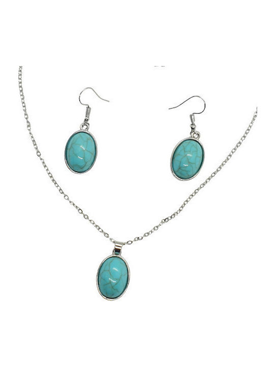 Jewelry Set Necklace Earrings Vintage Boho Oval Shape Turquoise Stones S23