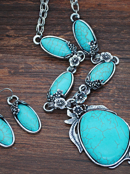 Jewelry Set Necklace Earrings Vintage Boho Drop Shape Turquoise Stones S21