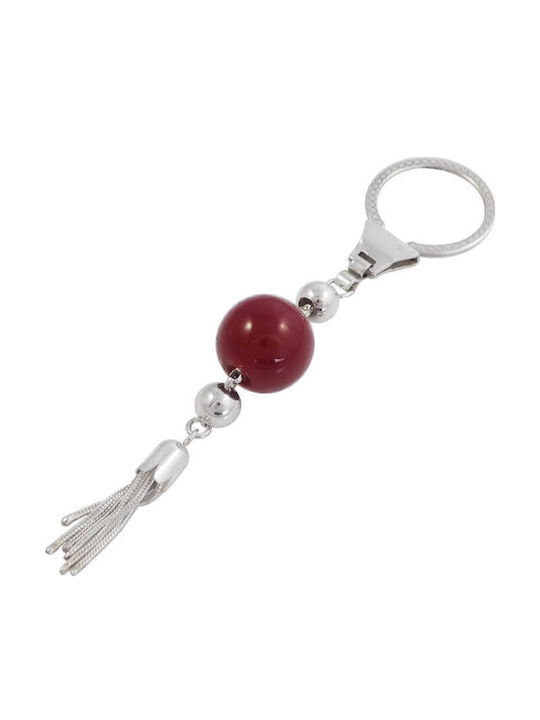Silver Keychain Red Stone & Tassel 13.0x3.0cm