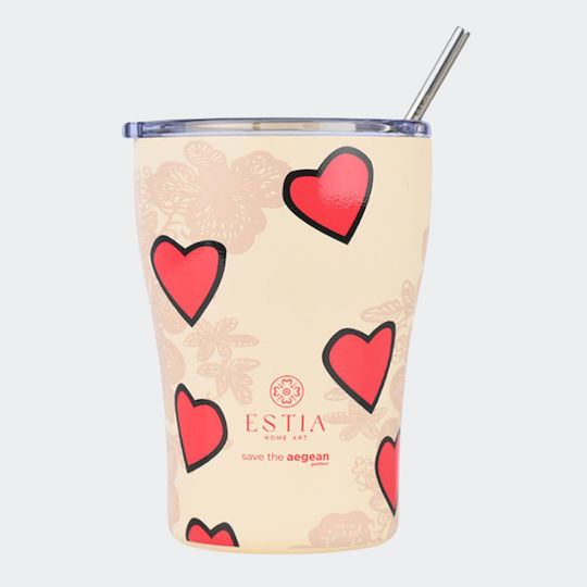 Estia Coffee Mug Save The Aegean Recyclable Glass Thermos Stainless Steel BPA Free 350ml Tender Lace with Straw