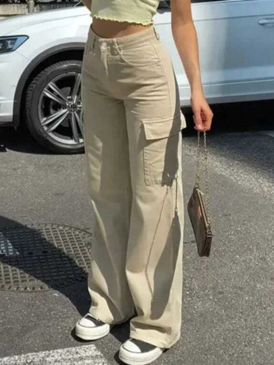 Women's High-waisted Fabric Cargo Trousers Straight Line Beige