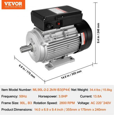 Vevor Ηλεκτροκινητήρας 3hp Μέγιστων Στροφών 2800rpm
