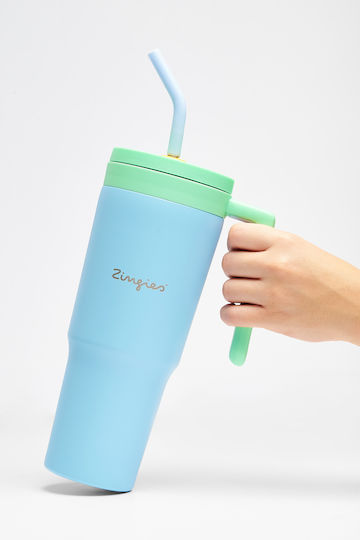 Zingies Zingies Yuki Handled Tumbler Θερμός Ανοξείδωτο / Πλαστικό BPA Free 1.18lt Γαλάζιο με Καλαμάκι και Λαβή