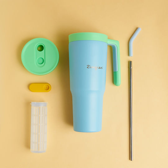 Zingies Zingies Yuki Handled Tumbler Θερμός Ανοξείδωτο / Πλαστικό BPA Free 1.18lt Γαλάζιο με Καλαμάκι και Λαβή