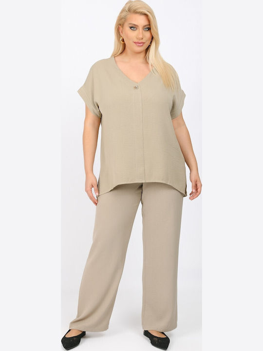 Damen Sommer Bluse Leinen Beige