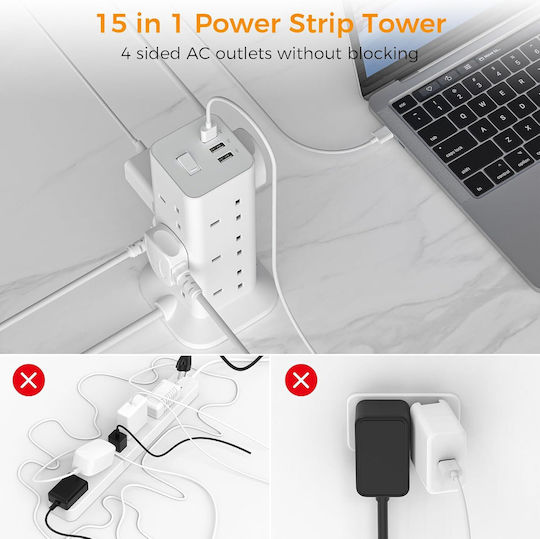Tessan Πολύπριζο 12 Θέσεων με 3 USB-A, Διακόπτη και Καλώδιο 2m