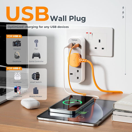 Tessan Un singur soclu 2 Prize cu 2 USB-A, 1 USB-C și Comutator