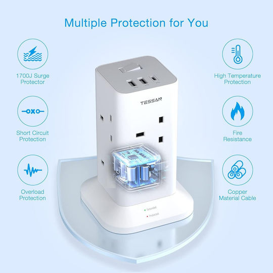 Tessan Power Strip Safety 8 Sockets with 2 USB-A, USB-C, Switch and 2m Cable Red