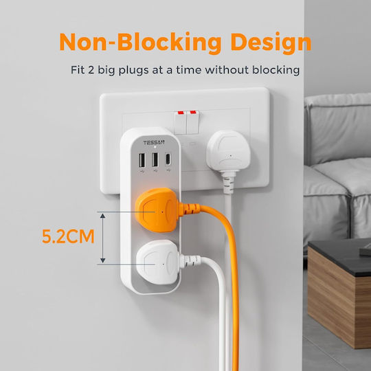 Tessan Un singur soclu 2 Prize cu 2 USB-A, 1 USB-C și Comutator