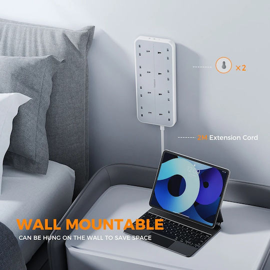 Tessan Πολύπριζο 8 Θέσεων με 2 USB-A, USB-C, Διακόπτη και Καλώδιο 2m Μπλε