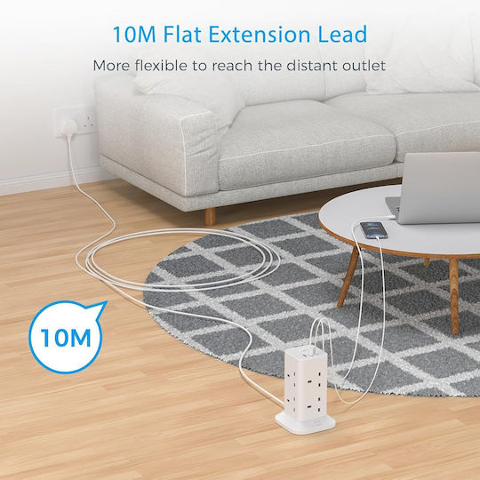 Tessan Power Strip Safety 8 Sockets with 2 USB-A, USB-C, Switch and 2m Cable Red