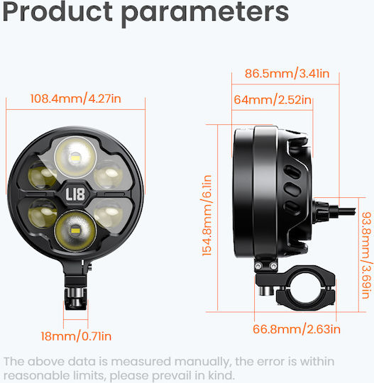 Loboo L18s Motorcycle Auxiliary Lights – 23000lm High Low Beam 8-level Brightness & Color Temp Adjustment