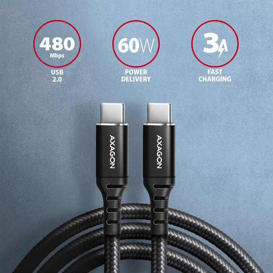 Axagon Braided USB 2.0 Cable USB-C male - USB-C 60W PD Μαύρο 3m BUCM-CM30AB