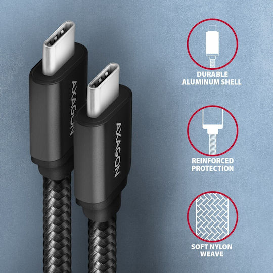 Axagon Braided USB 3.2 Cable USB-C male - USB-C 60W PD Μαύρο 1.5m BUCM3-CM15AB