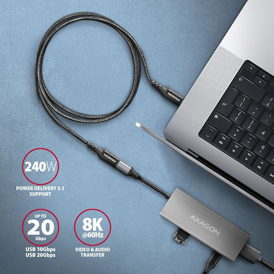 Axagon Braided USB 2.0 Cable USB-C male - USB-C female 240W PD Μαύρο 1.5m BUCM32-CF15AB