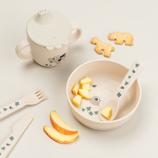 Done by Deer Baby Food Bowl Tiny Farm made of Plastic Beige