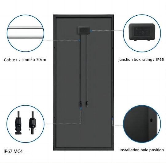 Rigid Monocrystalline Solar Panel 100W 12V 1190x450x30mm