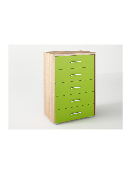 Kids Chest of Drawers No 5 Oak-Light Green with 5 Drawers 60x45x90cm