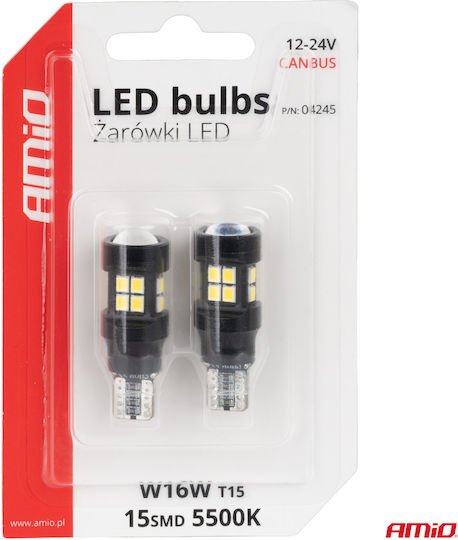 AMiO Λάμπες Αυτοκινήτου T15 / W16W Canbus LED 5500K Ψυχρό Λευκό 12-24V 2τμχ